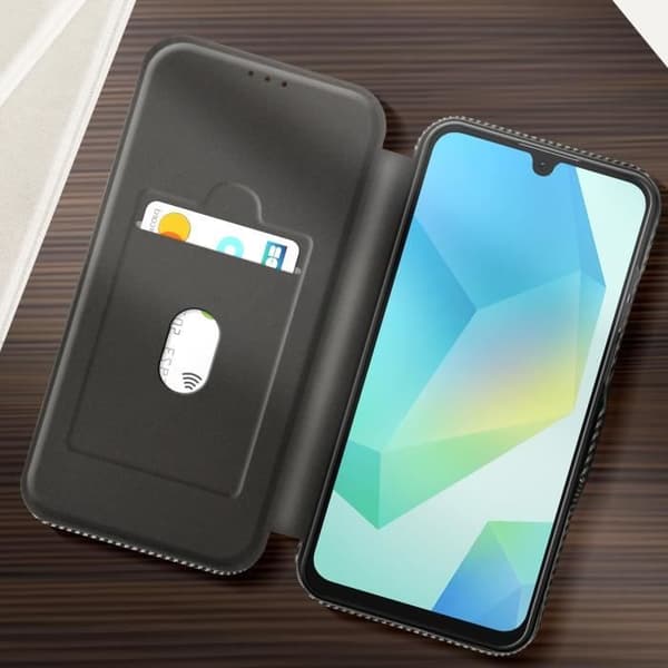 Fodral för Samsung A16 Kolfiber Videostöd och Anti-RFID Svart