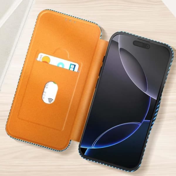 Fodral för iPhone 16 Pro Max Kolfiber Video Stöd och Anti-RFID Blå