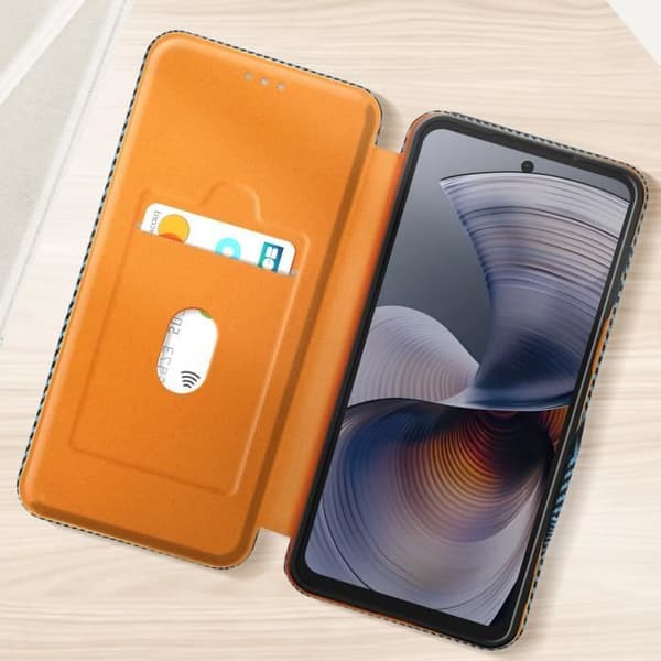Fodral för Motorola Moto G55 Kolfiber Videostöd och Anti-RFID Blå