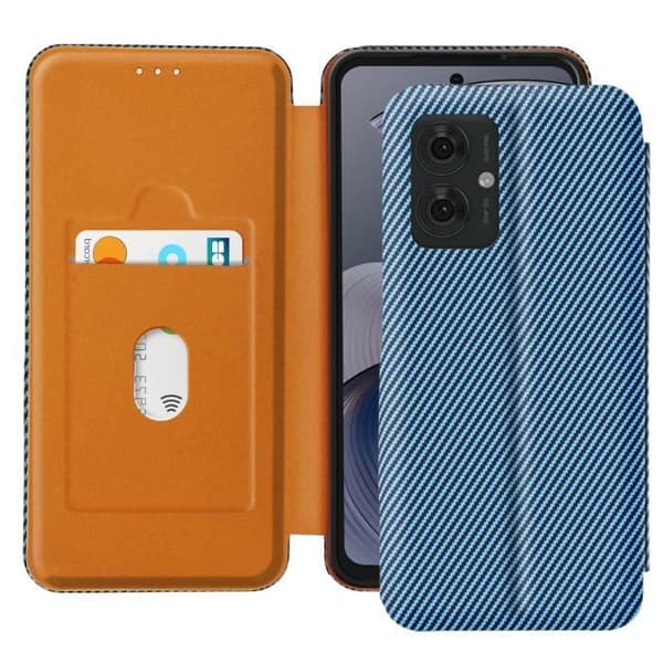 Fodral för Motorola Moto G55 Kolfiber Videostöd och Anti-RFID Blå