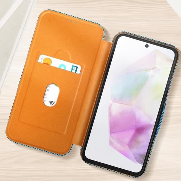 Etui för Samsung A35 Kolfiber Video Support och Anti-RFID Blå