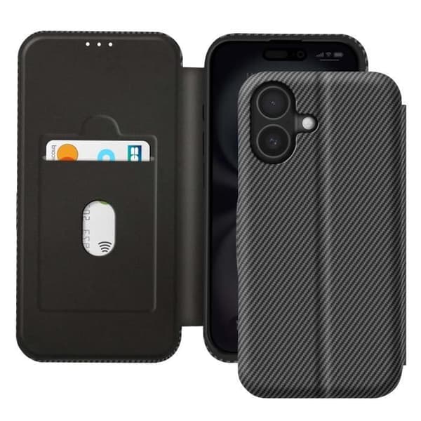 iPhone 16-fodral i kolfiber, videostöd och Anti-RFID, svart