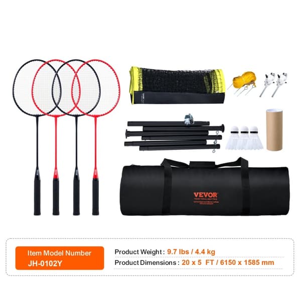 Transportabel Badmintonnät Set, 20x2.5ft Nät, Inkluderar Rack och Fjäderbollar,1,25 tum