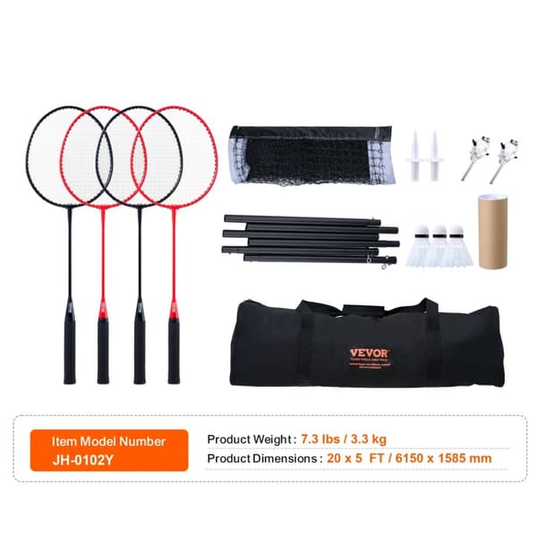 Transportabel Badmintonnät Set, 20x2.5ft Nät, Inkluderar Rack och Fjäderbollar,1,25 tum