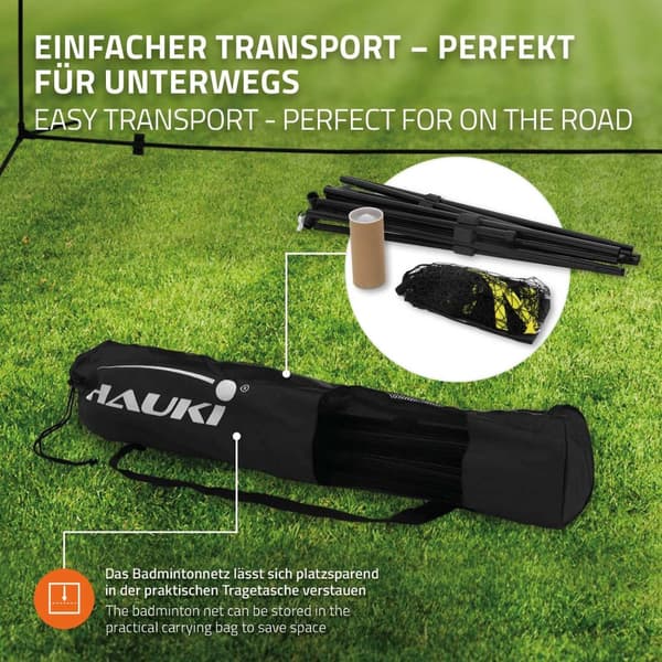 Hauki Badmintonnät; Tennisnät 500cm; Svart; Höjd: 156cm; Badmintonnätset inkl. 3x Badmintonboll; Transportväska; Stabil järnram; Portabelt