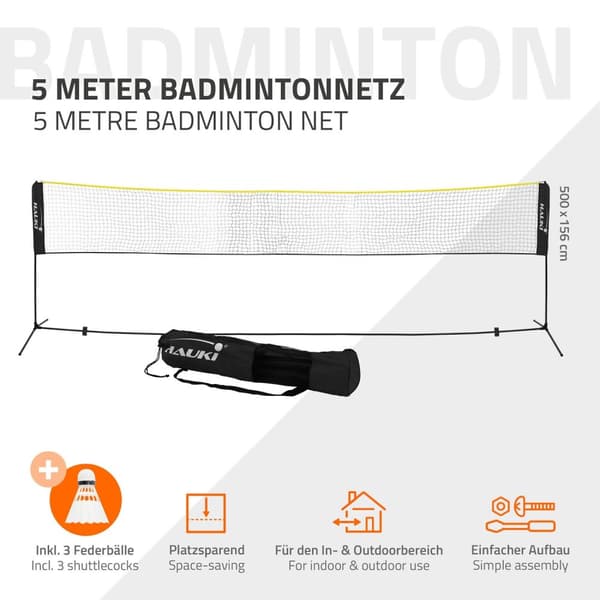 Hauki Badmintonnät; Tennisnät 500cm; Svart; Höjd: 156cm; Badmintonnätset inkl. 3x Badmintonboll; Transportväska; Stabil järnram; Portabelt