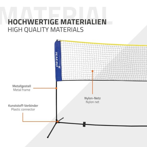 Hauki Badminton Net; Tennisnet 400 cm; Blå; H156 cm; Badmintonnet sæt inkl. 3x Fjerbold; Transporttaske; Stabil jernramme; Bærbart Volleyballnet;