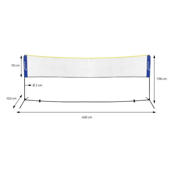 Hauki Badminton Net; Tennisnet 400 cm; Blå; H156 cm; Badmintonnet sæt inkl. 3x Fjerbold; Transporttaske; Stabil jernramme; Bærbart Volleyballnet;