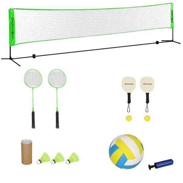 Rootz badmintonnätset - Komplett sportset - racketar och bollar - Justerbart nät - mångsidig användning - 510L x 103W x 107-155H cm