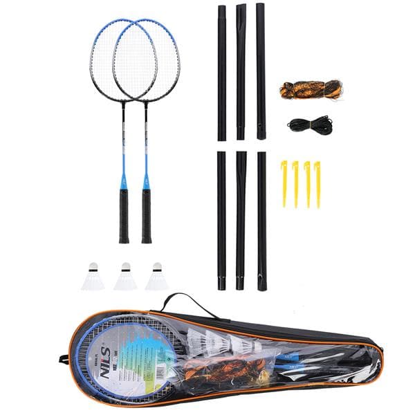 NRZ012 STÅL-/BADMINTONSET 2 RACKETAR + 3 SKUTTER + NÄT + NILS-SKYDD