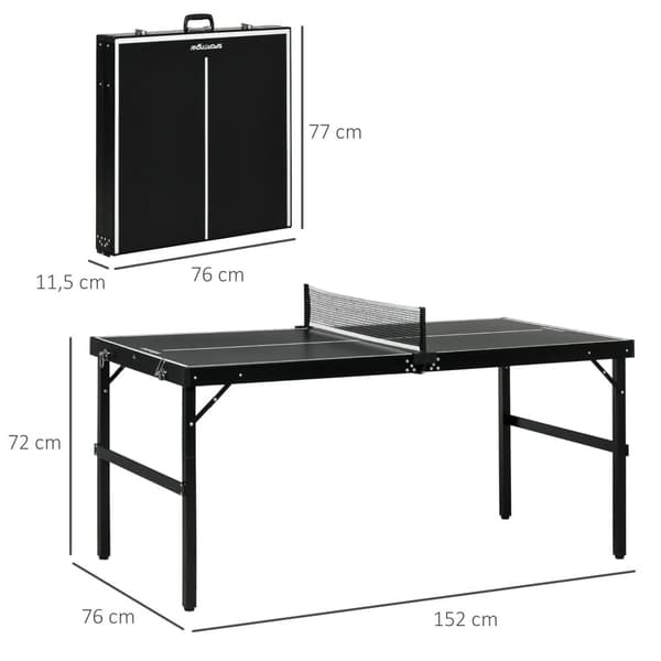 Mini Bordtennisbord, 152x76x72 cm, Svart