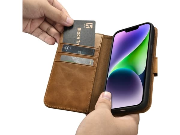 "iCarer Plånboksfodral med oljevax 2-i-1-fodral iPhone 14 Flip Cover i läder, brunt, anti-RFID (WMI14220721-TN)