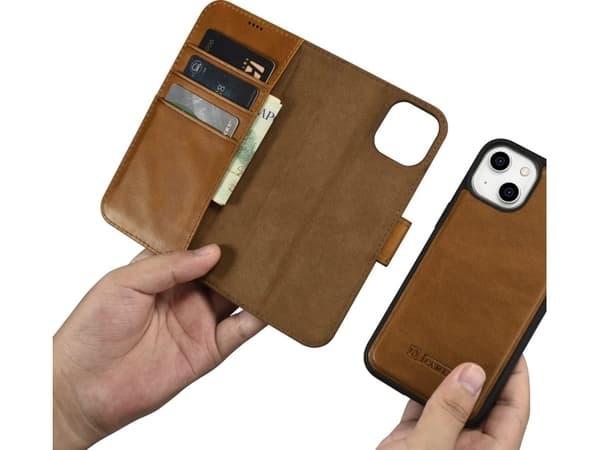 "iCarer Plånboksfodral med oljevax 2-i-1-fodral iPhone 14 Flip Cover i läder, brunt, anti-RFID (WMI14220721-TN)