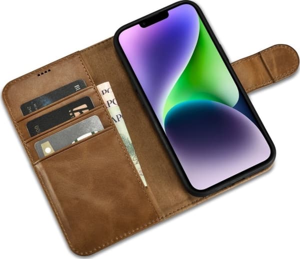 "iCarer Plånboksfodral med oljevax 2-i-1-fodral iPhone 14 Flip Cover i läder, brunt, anti-RFID (WMI14220721-TN)