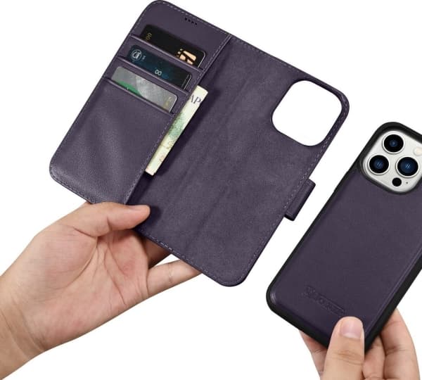 iCarer iCarer Lommebokveske 2-i-1 iPhone 14 Pro Max-deksel Skinnflipdeksel Anti-RFID mørk lilla (WMI14220728-DP)