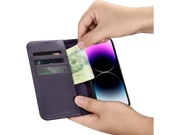 iCarer iCarer Lommebokveske 2-i-1 iPhone 14 Pro Max-deksel Skinnflipdeksel Anti-RFID mørk lilla (WMI14220728-DP)