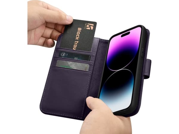iCarer iCarer Lommebokveske 2-i-1 iPhone 14 Pro Max-deksel Skinnflipdeksel Anti-RFID mørk lilla (WMI14220728-DP)