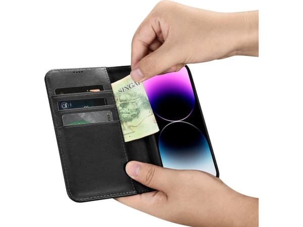 iCarer iCarer Lommebokveske 2-i-1 iPhone 14 Pro-deksel Skinnflipdeksel Anti-RFID Svart (WMI14220726-BK)