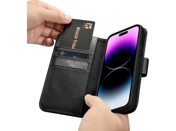 iCarer iCarer Lommebokveske 2-i-1 iPhone 14 Pro-deksel Skinnflipdeksel Anti-RFID Svart (WMI14220726-BK)