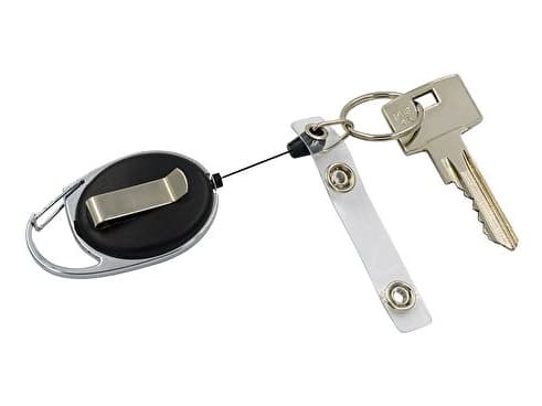 WEDO belteklips med uttrekkbar nylonsnor, krom/svart av metall/plast, med karabinkrok for feste - 1 stk (262 415501)