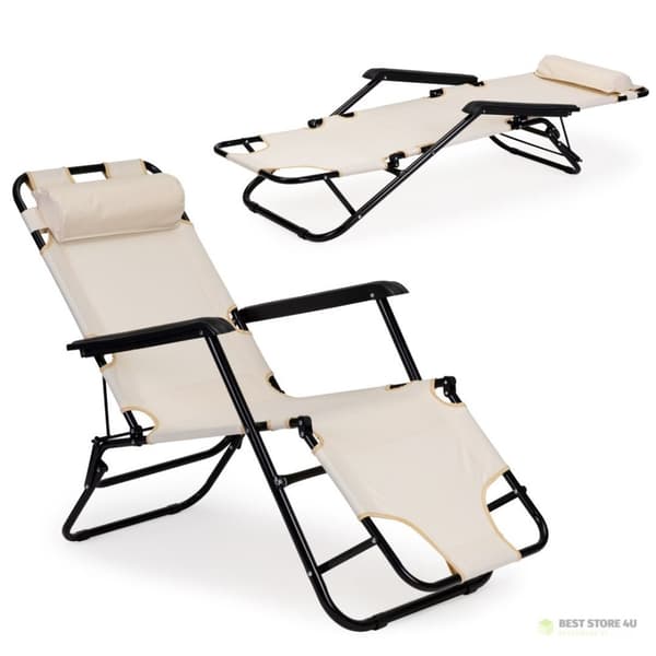 Trädgårdssängstol med nackstöd, hopfällbar struktur, beige, MultiGarden