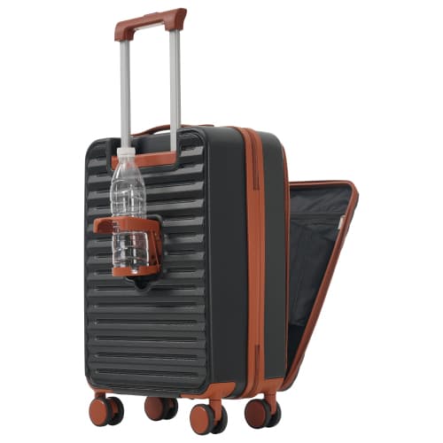 Tredelat bagageset – Innovativ design med frontöppning + vikbara mugghållare, ABS-material, TSA-lås, 360° hjul