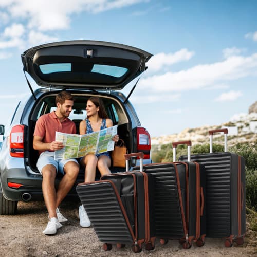 Tredelat bagageset – Innovativ design med frontöppning + vikbara mugghållare, ABS-material, TSA-lås, 360° hjul