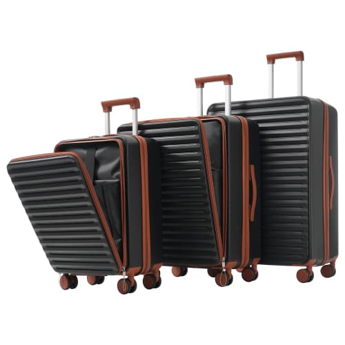 Tredelat bagageset – Innovativ design med frontöppning + vikbara mugghållare, ABS-material, TSA-lås, 360° hjul