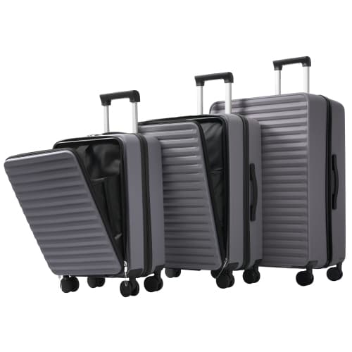 Tredelat bagageset – Innovativ design med frontöppning + vikbara mugghållare, ABS-material, TSA-lås, 360° hjul