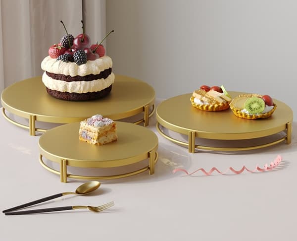 3x set med gyllene tårtfat för söta tårtor, muffins och tårtfat