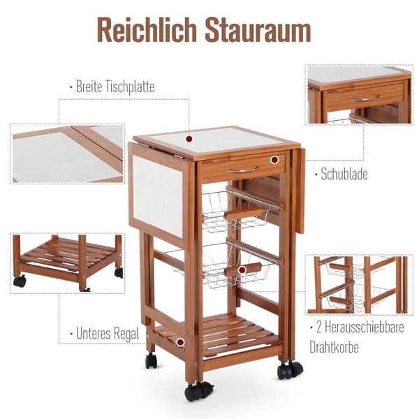 Rootz serveringsvogn - Rullekøkkenvogn - Mobil opbevaringsenhed - Sammenfoldelig arbejdsflade - Nem pleje keramisk top - 91 cm x 37 cm x 75 cm