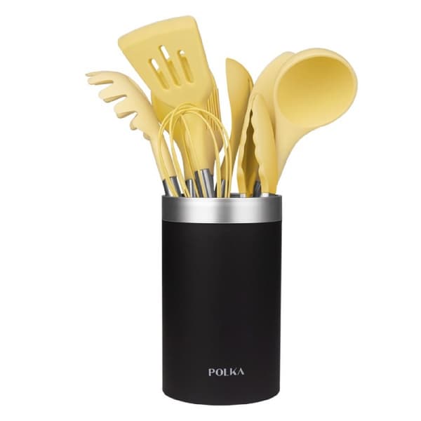 Cecotec Set of 9 utensils, with a pastel yellow head, coated with soft touch and steel handle. The main materials consist of silicone, nylon and PP.