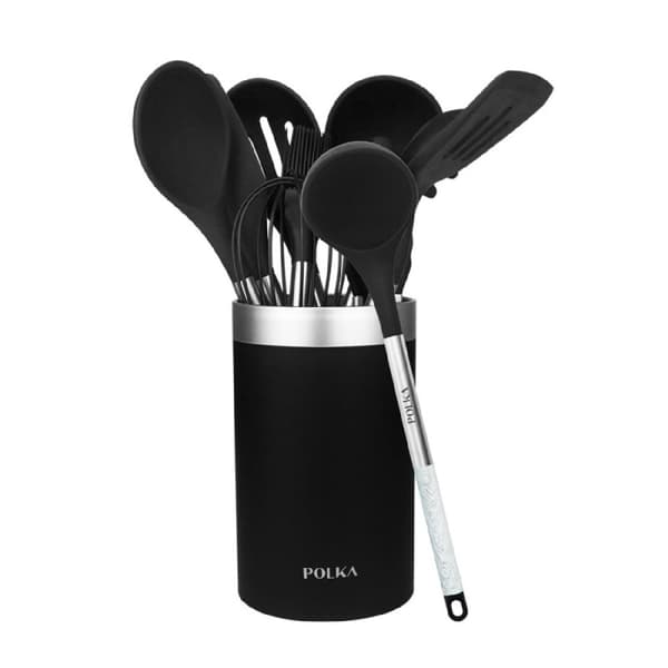 Cecotec Set of 9 utensils, with black head, covered by soft touch and steel handle in wood tone. The main materials consist of silicone, nylon and PP