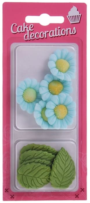 Sukkerblomster BLÅ KAMILLE + grønne BLADE 10 stk.