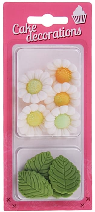 Sukkerblomster HVID KAMILLE + grønne BLADE 10 stk.