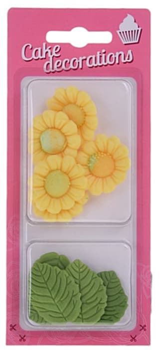 Sukkerblomster GUL KAMILLE + grønne BLADE 10 stk.