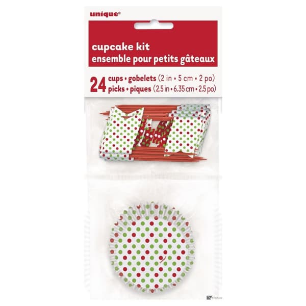Dotted Christmas Muffin Cases With Picks (Pack of 48) White/Green/Red One Size