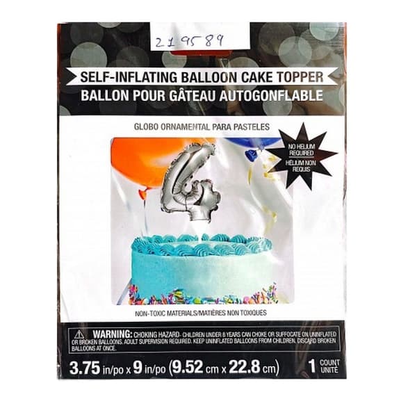 Number 4 Self-Inflating Balloon Cake Topper Silver One Size