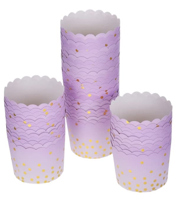 Paperikupit, muffinivuoat, violetit, kultaiset pisteet, 60xk55 mm/50 kpl.
