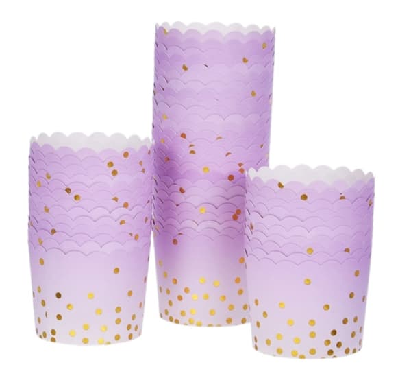 Paperikupit, muffinivuoat, violetit, kultaiset pisteet, 60xk55 mm/50 kpl.