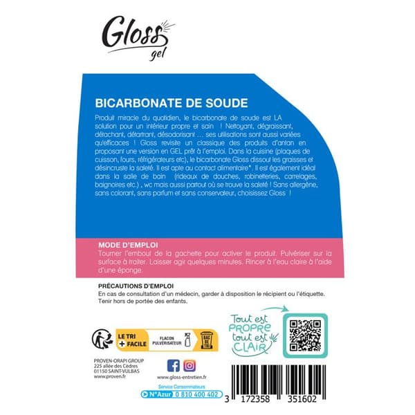 GLANS - Bakpulvergelé - Rengör, avfettar och fläckar - Ultrakoncentrerad - Naturlig formel - 750ml - Fransk tillverkning