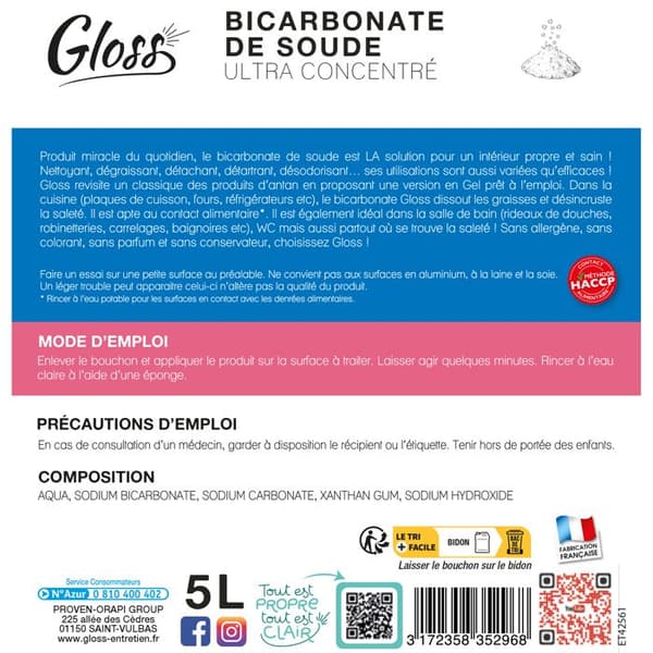 GLOSS- Bikarbonatgel - rengör, avfettar och löser upp fläckar - koncentrerad formel - Naturlig formel - 5L - Fransk tillverkning