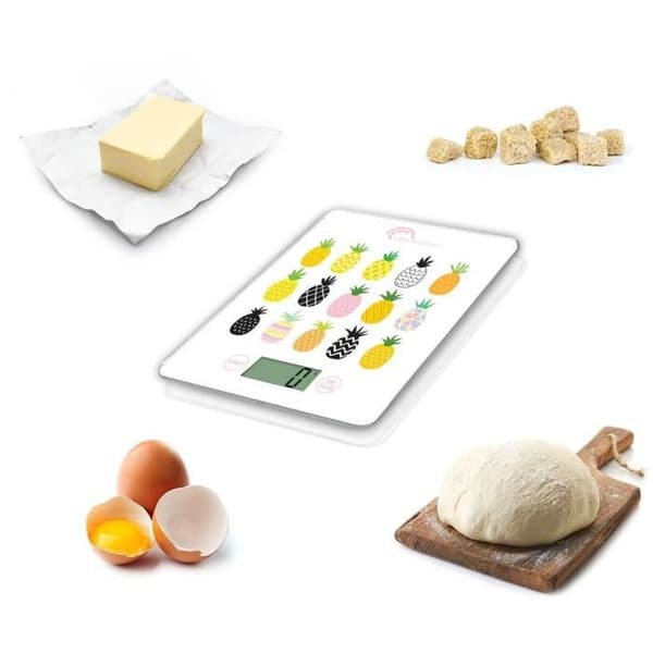 LITTLE BALANCE 8341 Smal elektronisk köksvåg - 5 kg / 1 g - Topp i härdat glas - Extra platt - BD Ananas