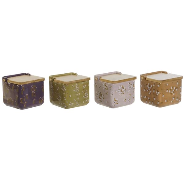 Saltbøsse med Lokk DKD Home Decor Grønn Rosa Sennep Syrin Bambus 750 ml 14 x 12,5 x 12 cm (4 enheter)