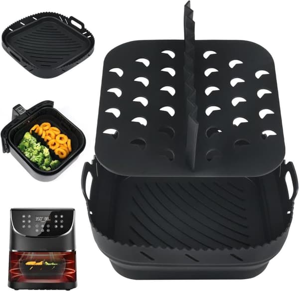 Silikoneform til Air Fryer, Air Fryer tilbehør, Bageplade med adskillelsesmåtte, Anti-Stick bageplade Sort