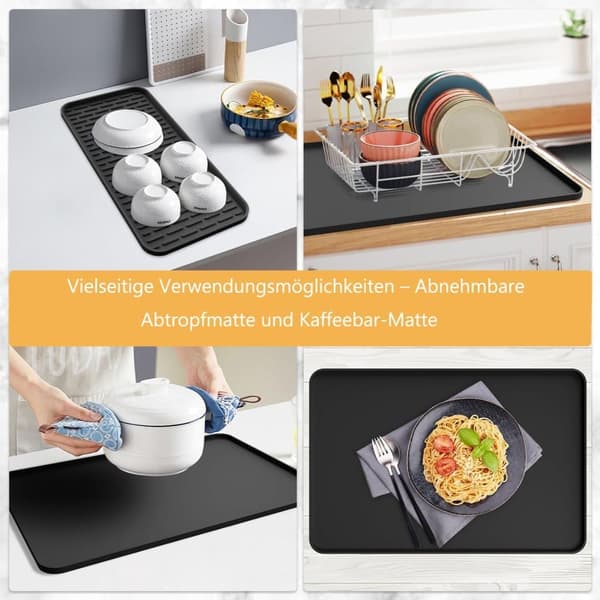 Kahvinkeittimen matto 60 x 40 cm irrotettavalla kuivausmatolla, 2-in-1 tippamatto - musta/harmaa