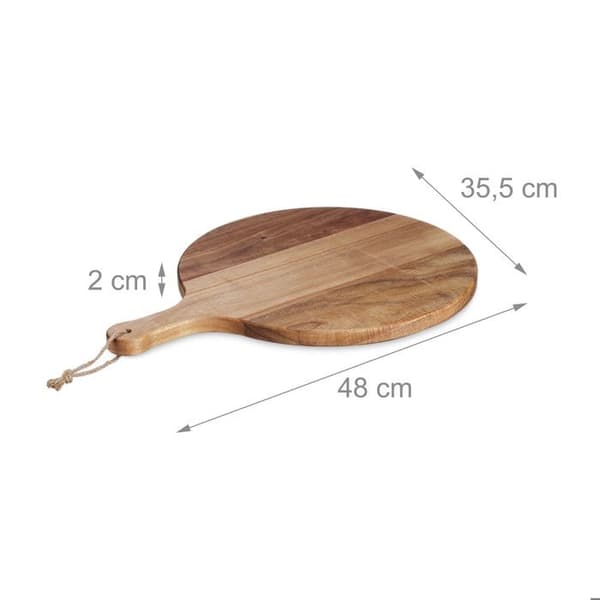 Relaxdays Pizzaställ, runt serveringsfat i akaciaträ, diameter 35,5 cm, med handtag, natur