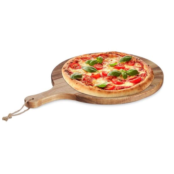 Relaxdays Pizzaställ, runt serveringsfat i akaciaträ, diameter 35,5 cm, med handtag, natur