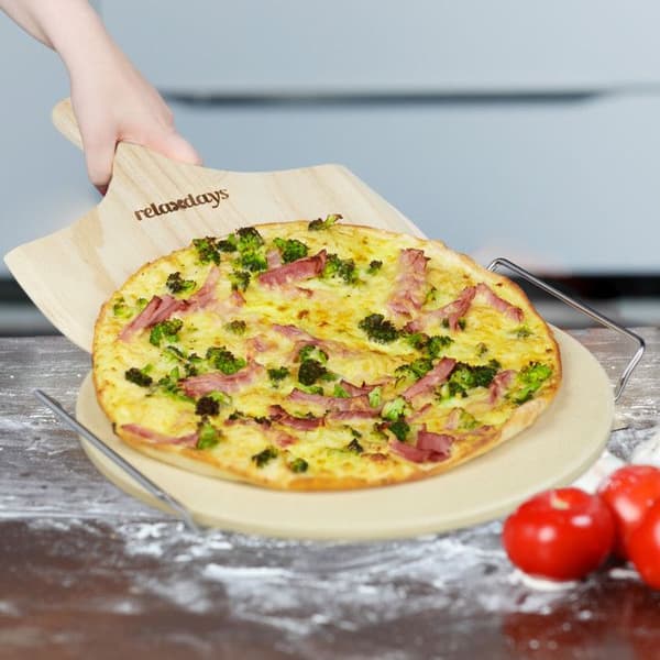 Relaxdays Pizza- och Flammkuchenpiet, rund, spade, för ugnen, H x L x P: 4 x 32 x 32 cm, natur