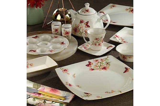 Kuetahya Frokostsett 36 Deler Porselen Hvit/Rosa/Gull